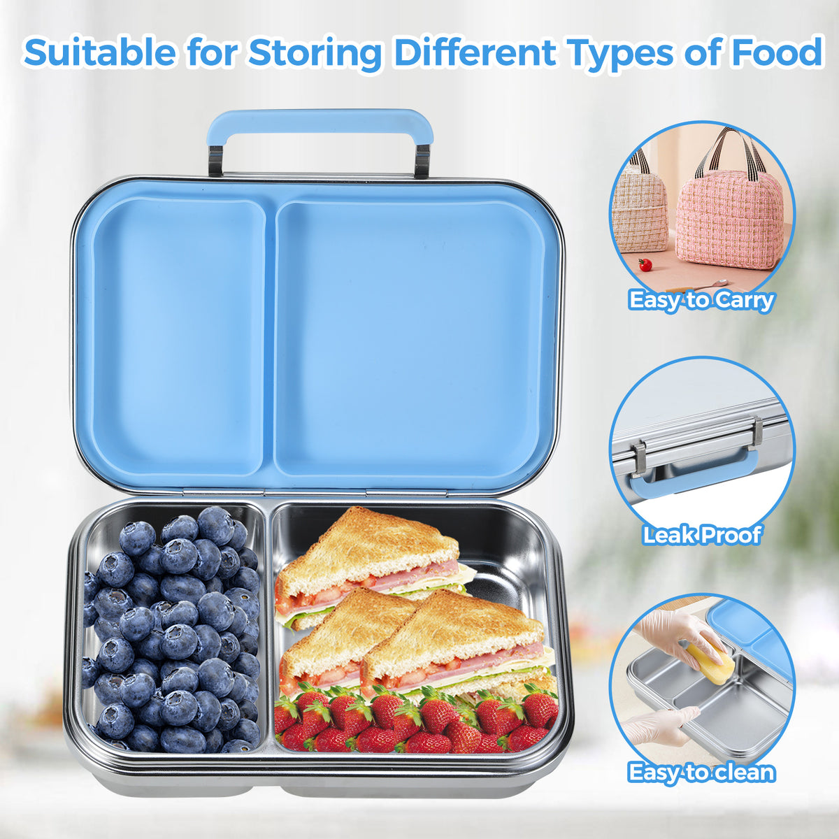 304 Stainless Steel Large-Capacity 2-Compartment Bento Lunch Box, 100% Leakproof and Dishwasher Safe