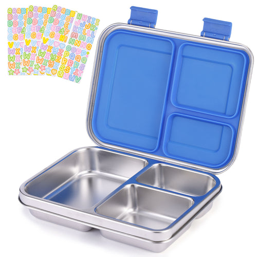 Large Stainless Steel Lunch Box With 3 Stickers - 3 Compartments, Leak-proof, Metal Bento Box Adult, Dishwasher Safe, for School and Office