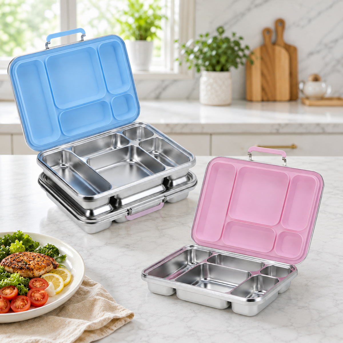 304 Stainless Steel Large-Capacity 5-Compartment Bento Lunch Box, 100% Leakproof and Dishwasher Safe