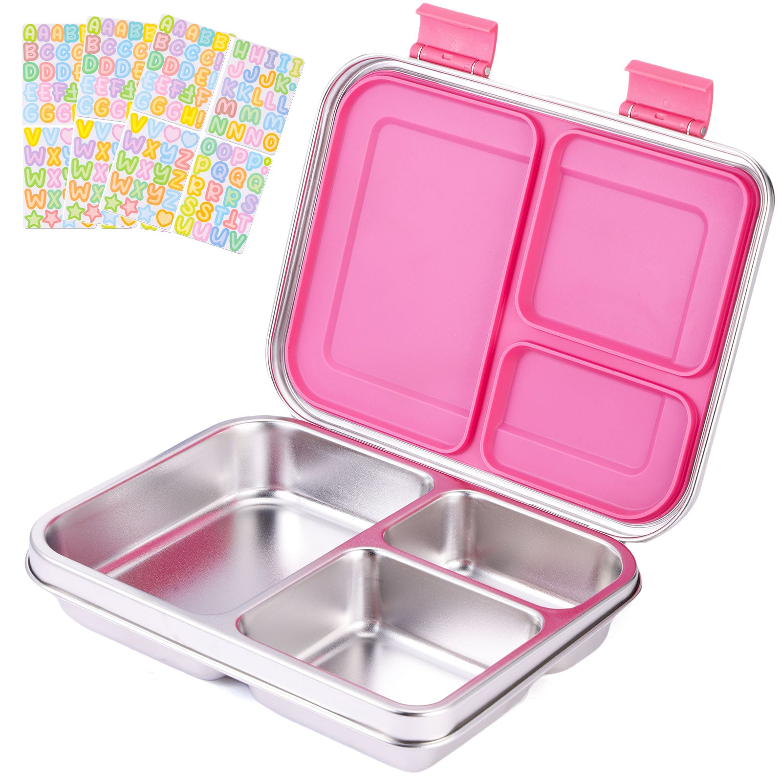 Large Stainless Steel Lunch Box With 3 Stickers - 3 Compartments, Leak-proof, Metal Bento Box Adult, Dishwasher Safe, for School and Office