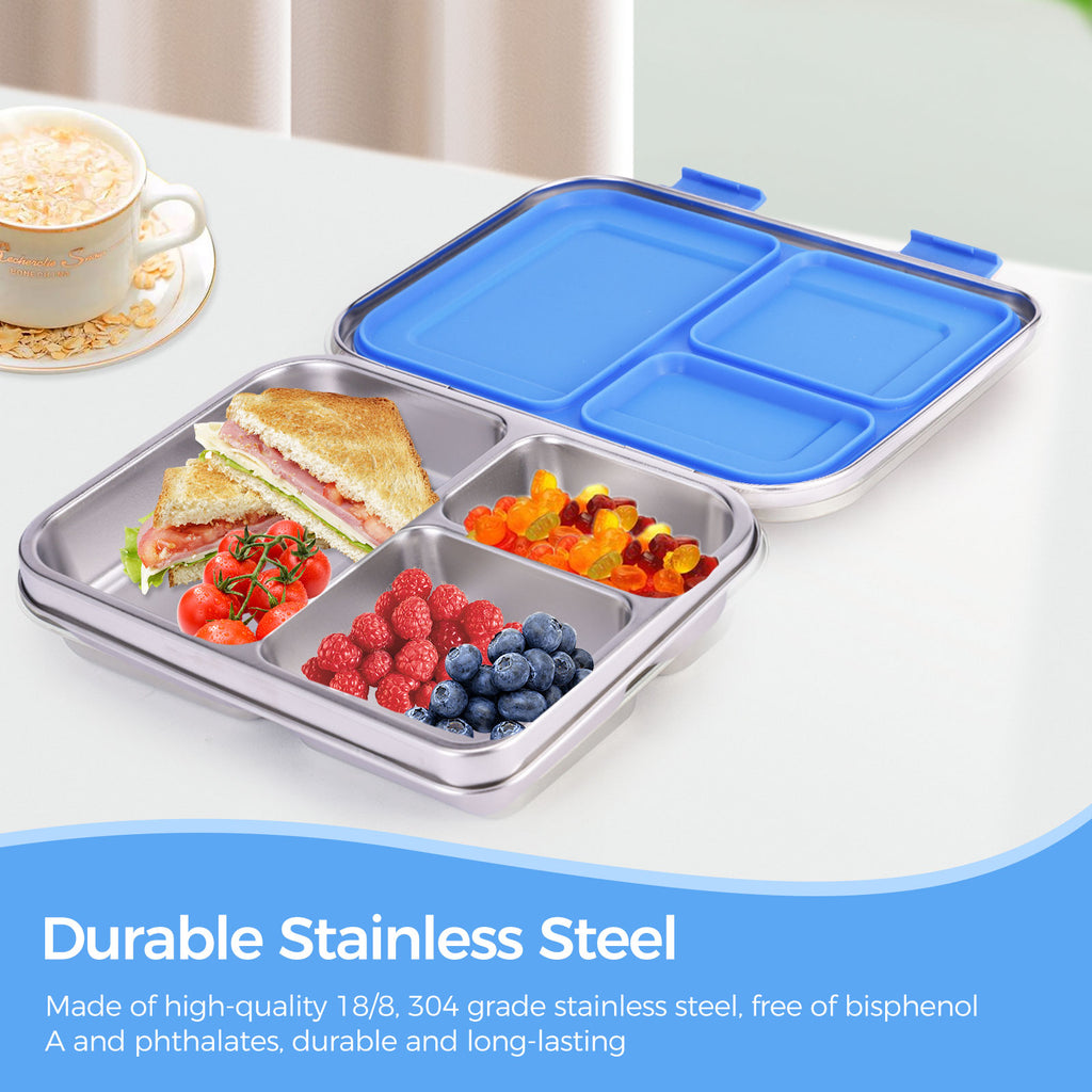 Large Stainless Steel Lunch Box With 3 Stickers - 3 Compartments, Leak-proof, Metal Bento Box Adult, Dishwasher Safe, for School and Office