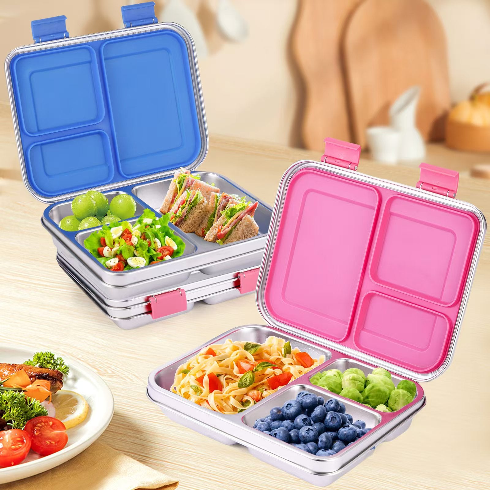 Large Stainless Steel Lunch Box With 3 Stickers - 3 Compartments, Leak-proof, Metal Bento Box Adult, Dishwasher Safe, for School and Office