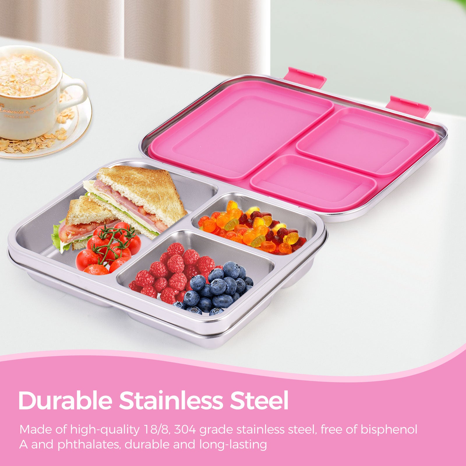 Large Stainless Steel Lunch Box With 3 Stickers - 3 Compartments, Leak-proof, Metal Bento Box Adult, Dishwasher Safe, for School and Office