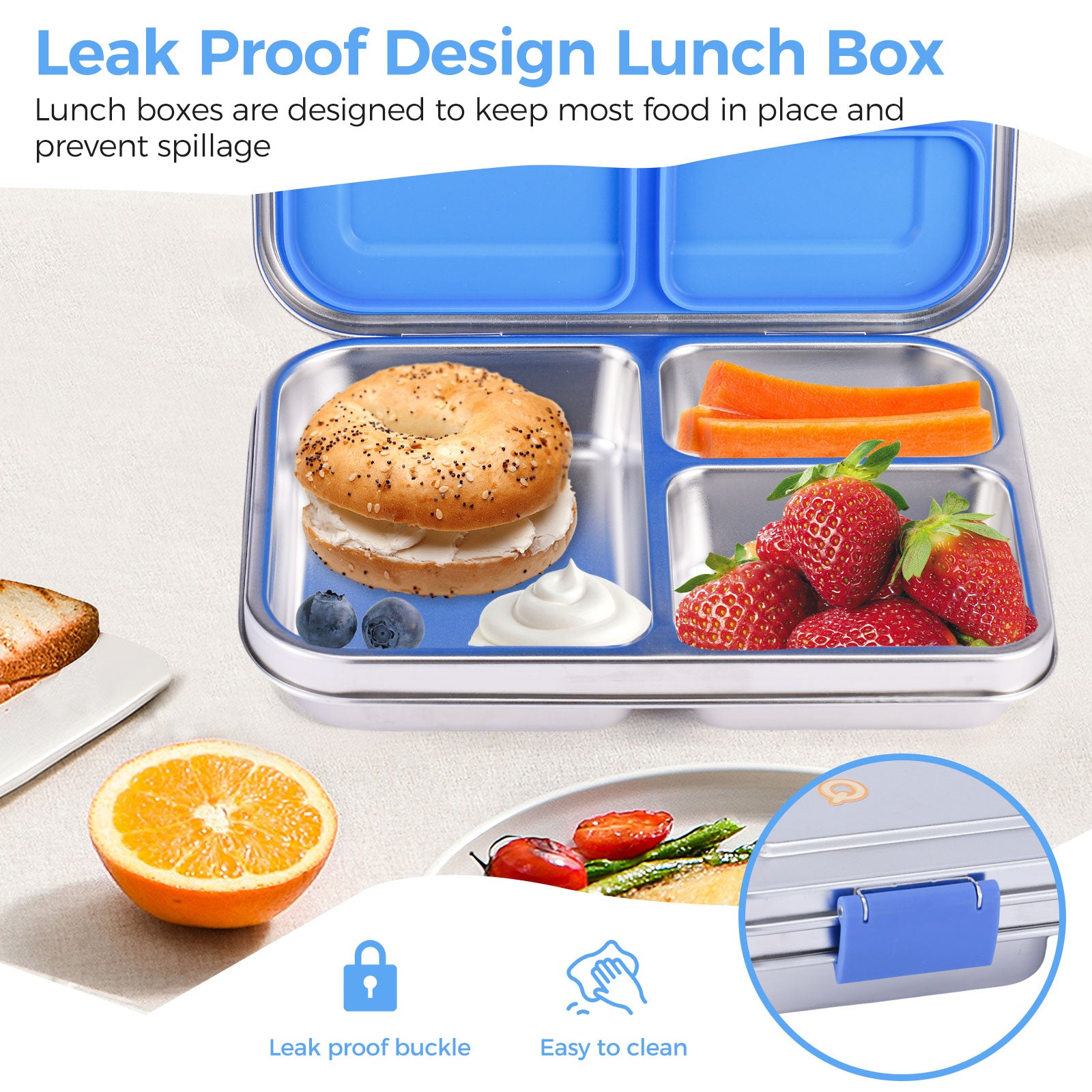 Large Stainless Steel Lunch Box With 3 Stickers - 3 Compartments, Leak-proof, Metal Bento Box Adult, Dishwasher Safe, for School and Office