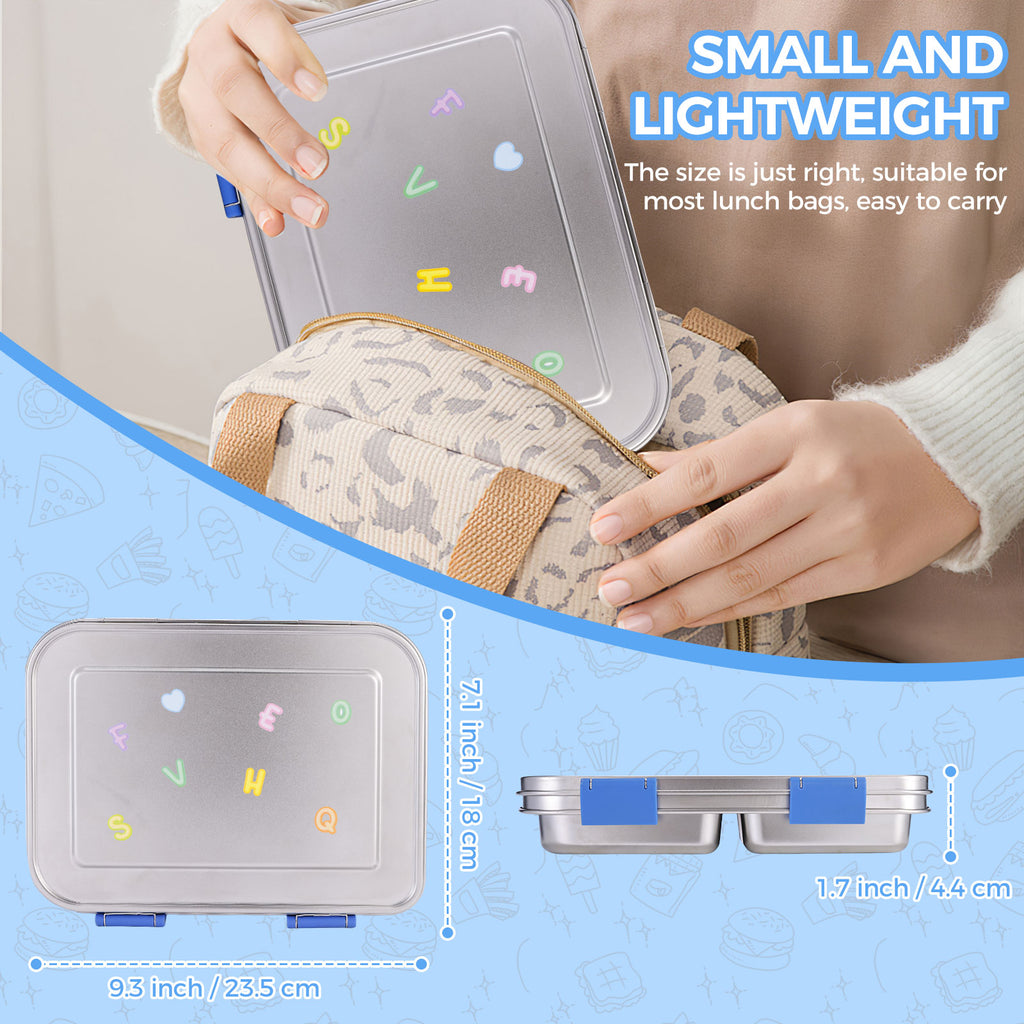 Large Stainless Steel Lunch Box With 3 Stickers - 3 Compartments, Leak-proof, Metal Bento Box Adult, Dishwasher Safe, for School and Office