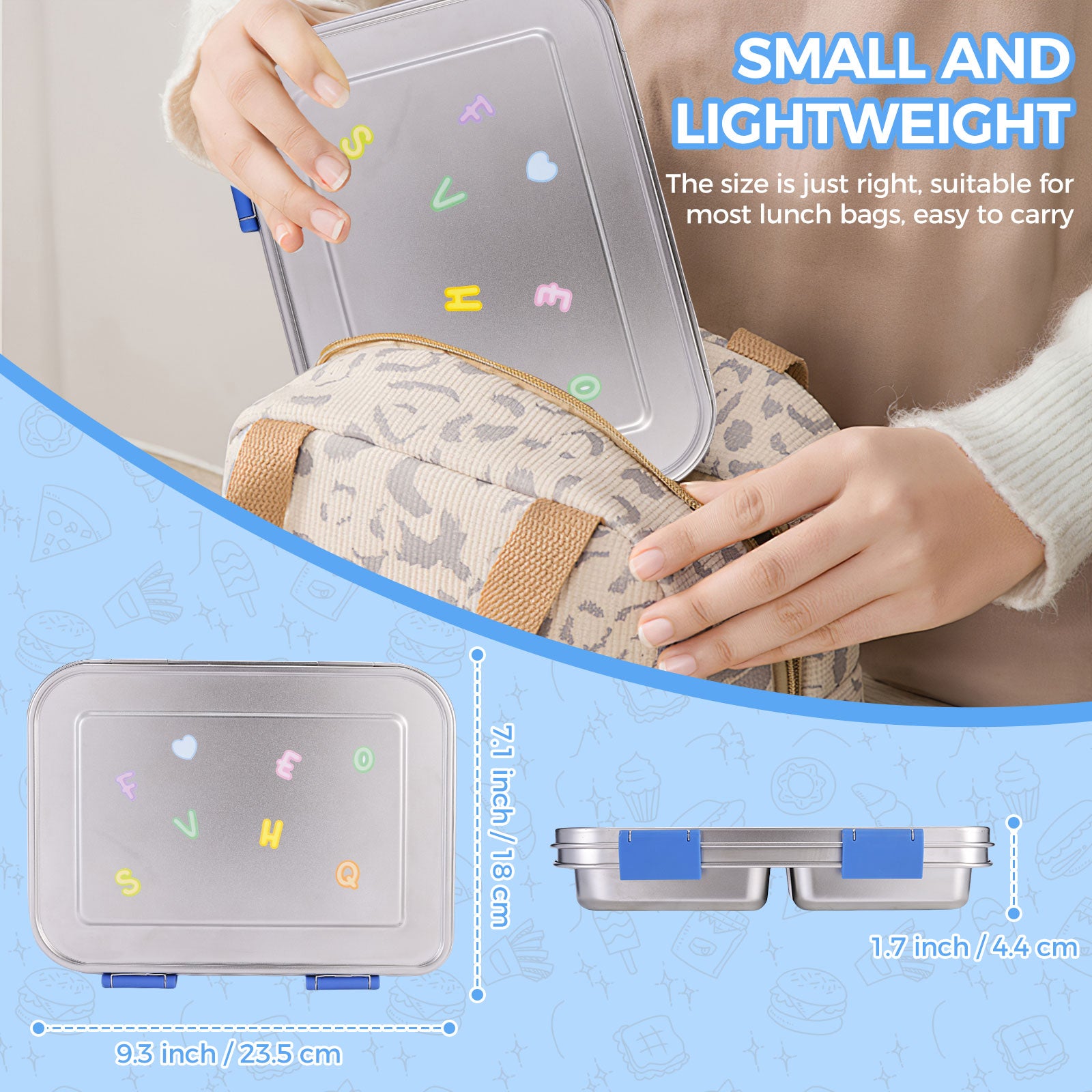 Large Stainless Steel Lunch Box With 3 Stickers - 3 Compartments, Leak-proof, Metal Bento Box Adult, Dishwasher Safe, for School and Office