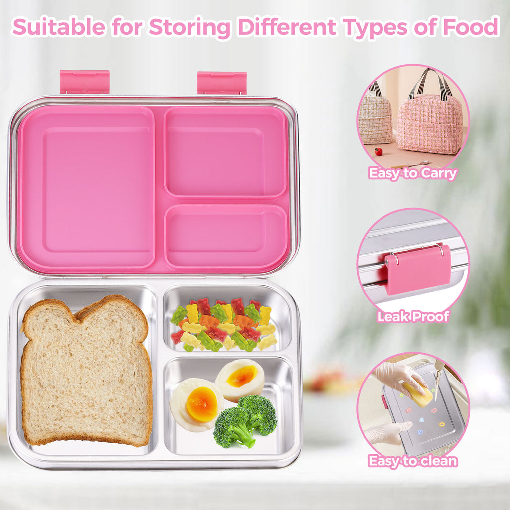 Large Stainless Steel Lunch Box With 3 Stickers - 3 Compartments, Leak-proof, Metal Bento Box Adult, Dishwasher Safe, for School and Office