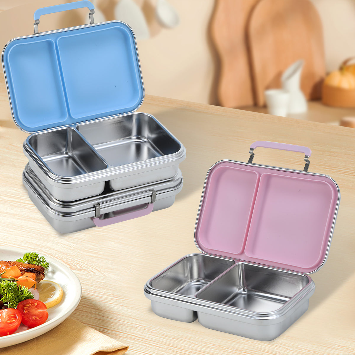 304 Stainless Steel Large-Capacity 2-Compartment Bento Lunch Box, 100% Leakproof and Dishwasher Safe